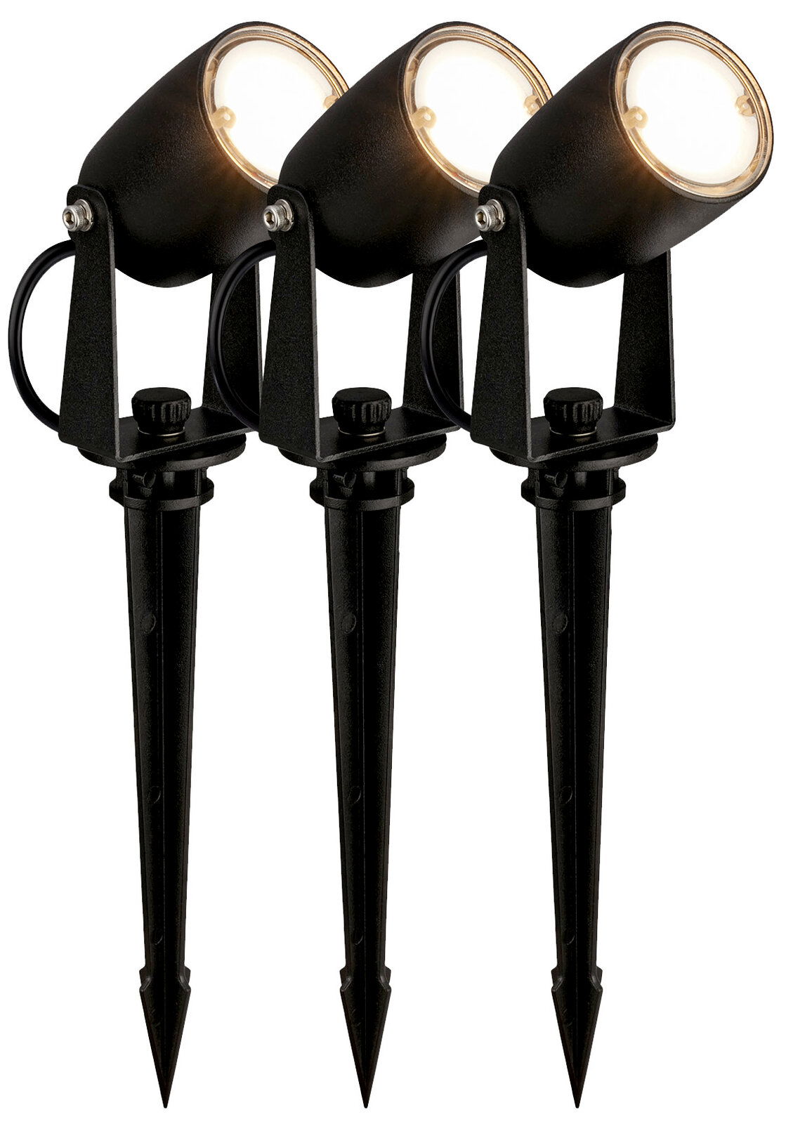 Drei schwarze Bodenspikes mit integrierten LED-Leuchten, seitliche Perspektive