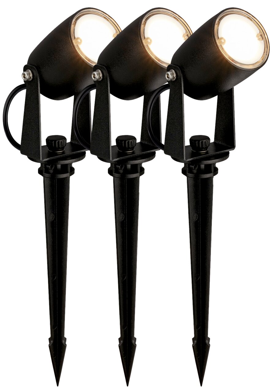 Briloner Bodenspikes Extensionset 3er Set GARTENSYSTEM Drei schwarze Bodenspikes mit integrierten LED-Leuchten, seitliche Perspektive