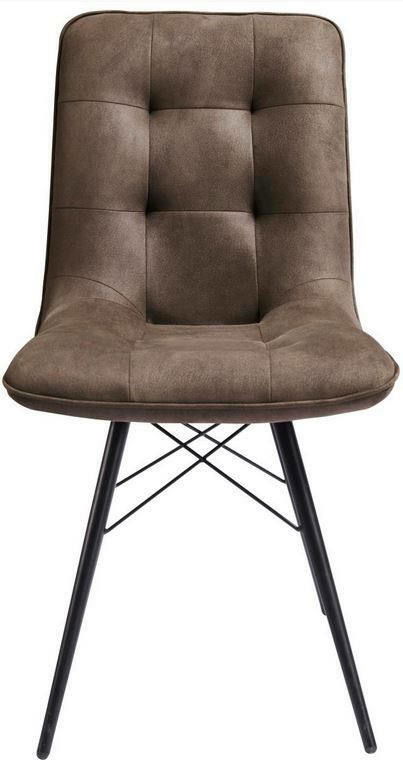 Moderner Stuhl mit gepolsterter Sitzfläche und Rückenlehne in Braun, schwarze Metallbeine, Frontalansicht