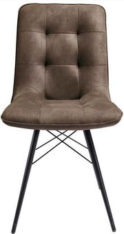 Moderner Stuhl mit gepolsterter Sitzfläche und Rückenlehne in Braun, schwarze Metallbeine, Frontalansicht
