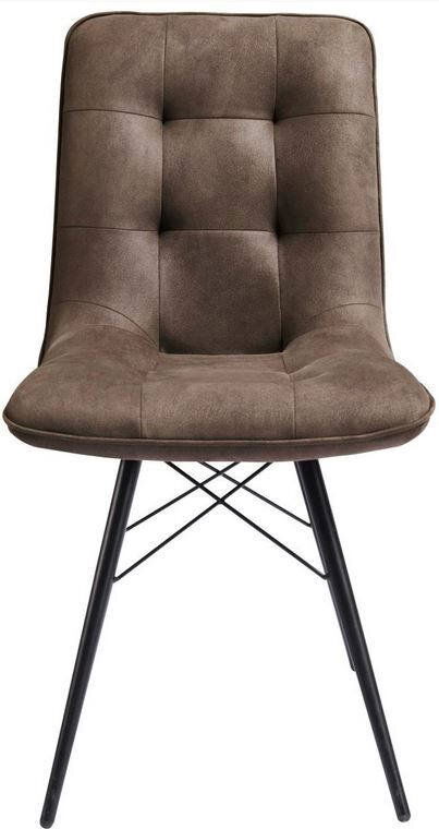 Moderner Stuhl mit gepolsterter Sitzfläche und Rückenlehne in Braun, schwarze Metallbeine, Frontalansicht