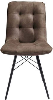 Moderner Stuhl mit gepolsterter Sitzfläche und Rückenlehne in Braun, schwarze Metallbeine, Frontalansicht