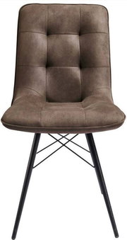 Moderner Stuhl mit gepolsterter Sitzfläche und Rückenlehne in Braun, schwarze Metallbeine, Frontalansicht