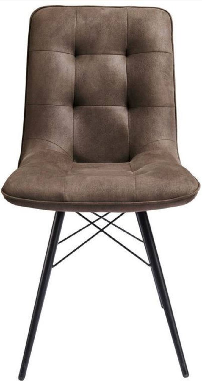 Moderner Stuhl mit gepolsterter Sitzfläche und Rückenlehne in Braun, schwarze Metallbeine, Frontalansicht