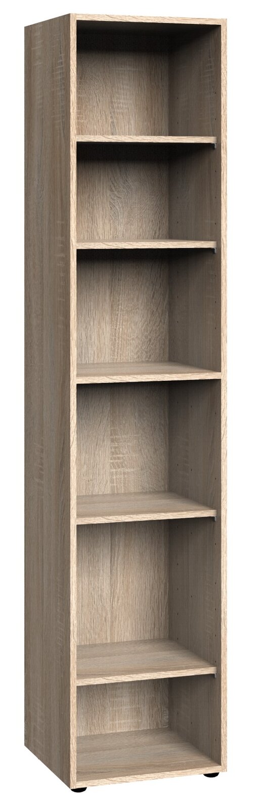 Hohes Eckregal aus Holz mit fünf offenen Fächern, perspektivisch von vorne links gesehen.