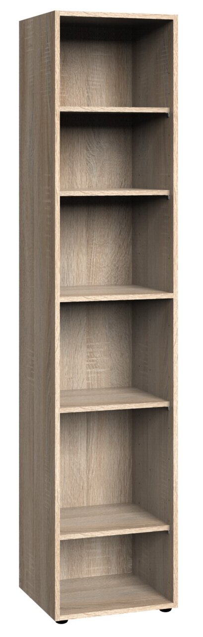 Hohes Eckregal aus Holz mit fünf offenen Fächern, perspektivisch von vorne links gesehen.