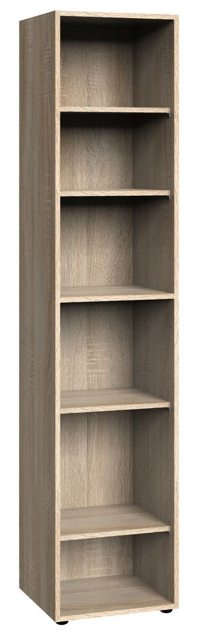 Hohes Eckregal aus Holz mit fünf offenen Fächern, perspektivisch von vorne links gesehen.