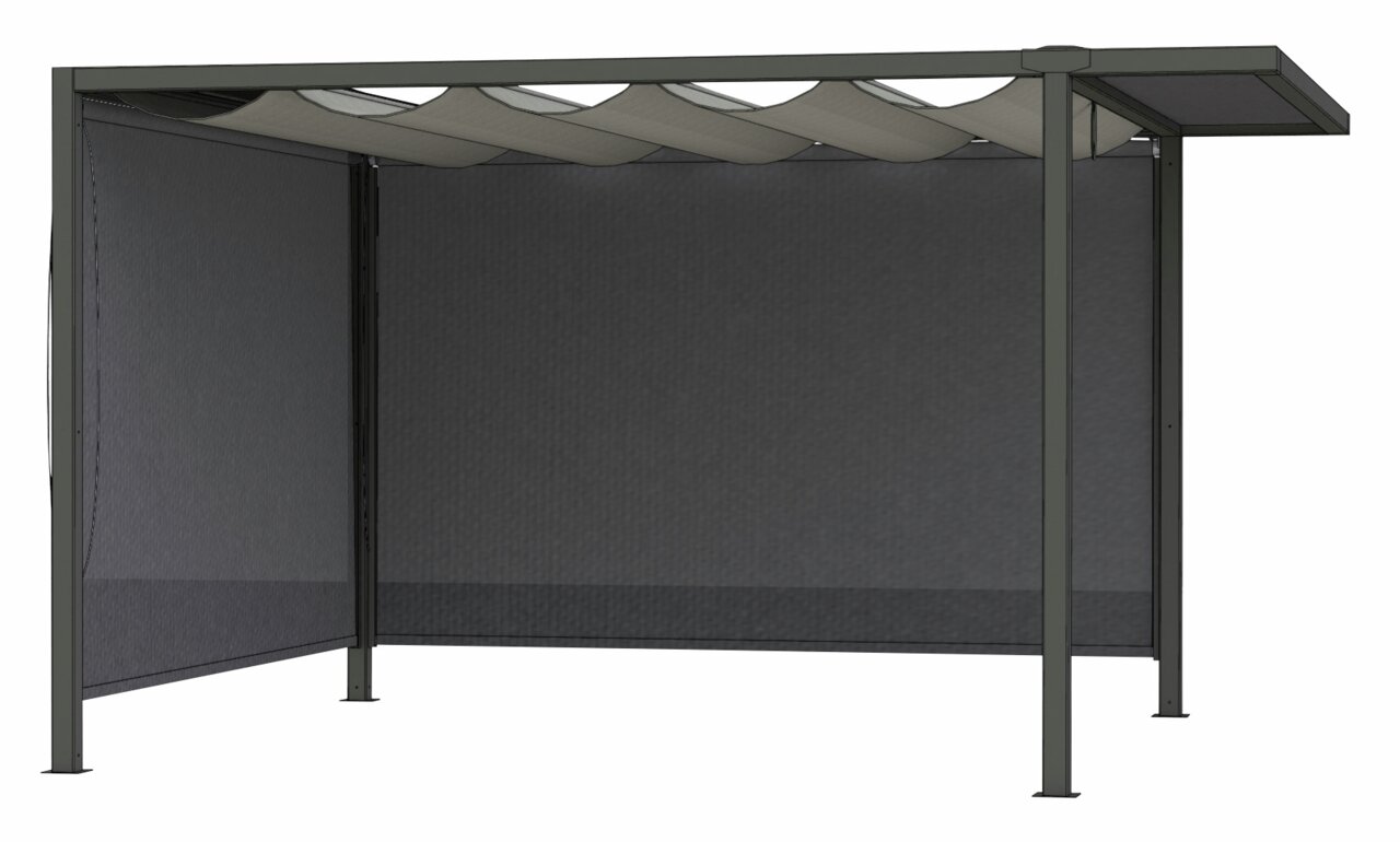 Zijaanzicht van een modern, vrijstaand rolgordijn met een stevig metalen frame en een golvend dak.