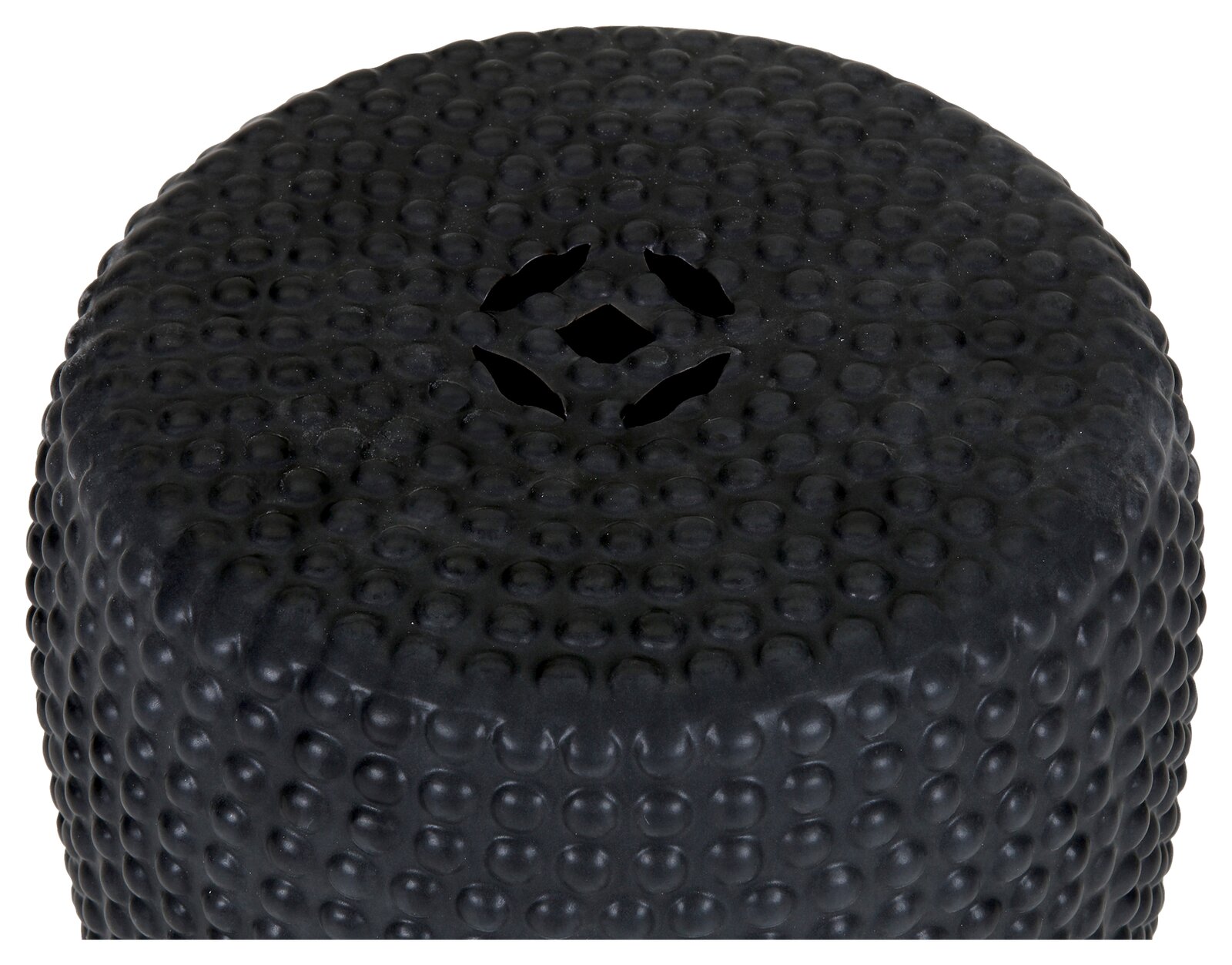 Schwarzer, genoppter Gummistopfen/Abdeckung mit sternförmiger Öffnung in der Mitte, Nahaufnahme von oben in leichter Schrägansicht