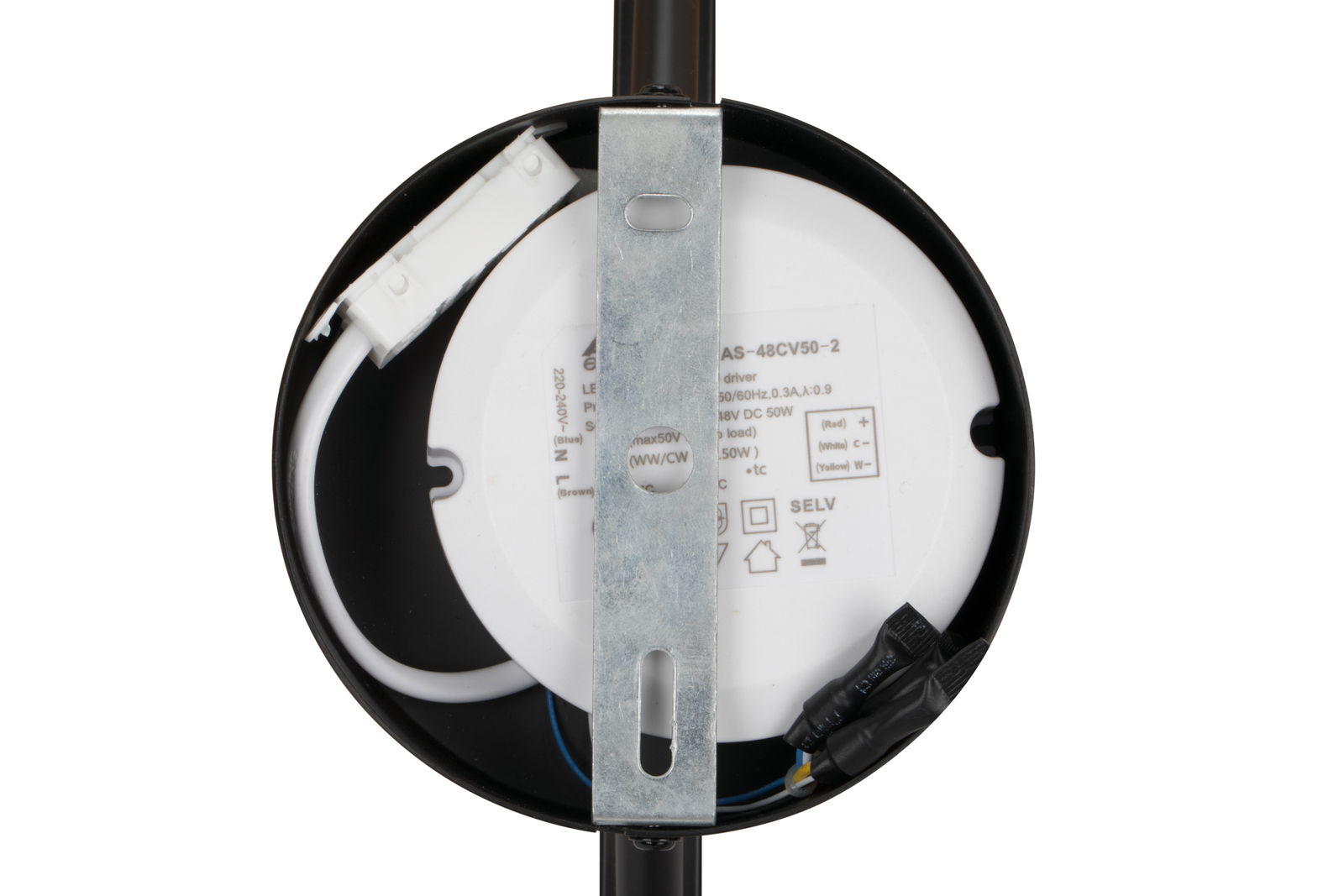 Rückansicht einer LED-Deckenleuchte mit sichtbarer Verkabelung und Montagehalterung.