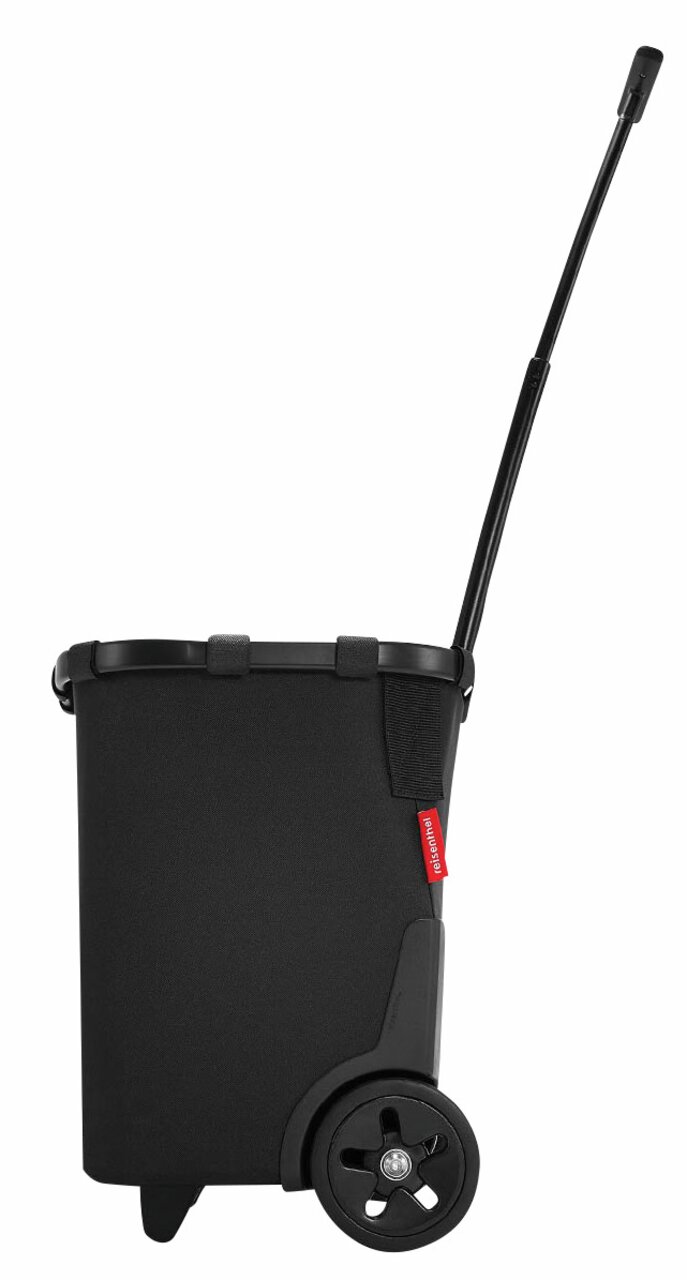 Schwarzer Carrycruiser mit ausziehbarem Griff und zwei Rädern, Seitenansicht.