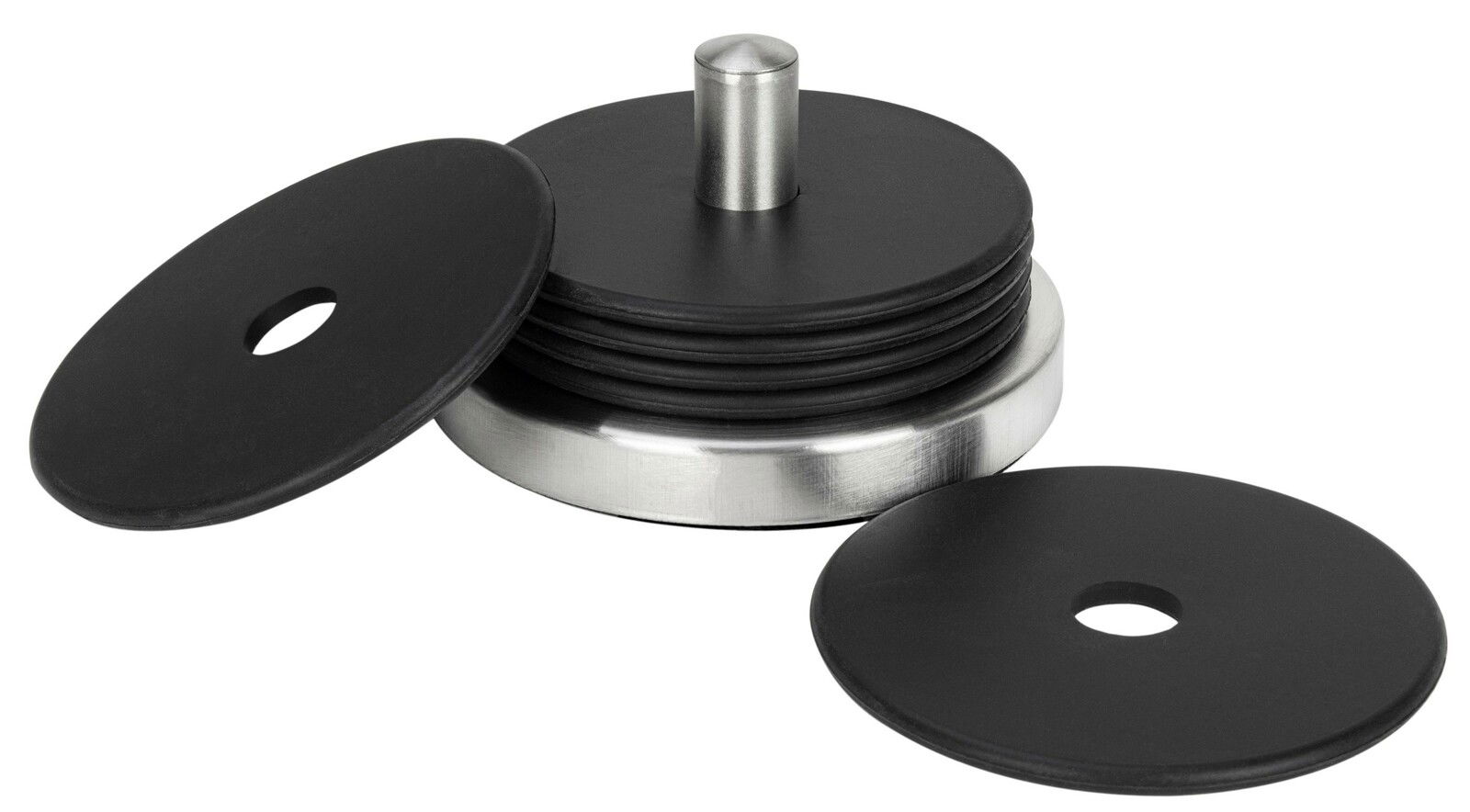 Schwarze Silikonuntersetzer in einem Edelstahlhalter, seitliche Perspektive