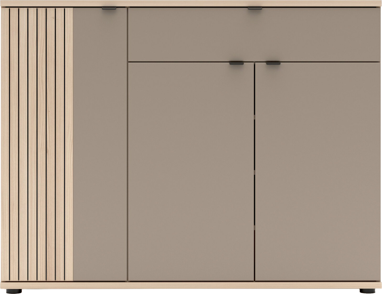 Modernes Sideboard in Holzoptik mit grauen Fronten, links vertikale Lamellenstruktur, mehrere Türen und Klappen mit schwarzen Griffen, Frontansicht