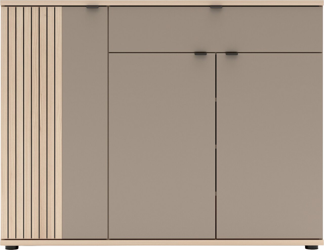 Modernes Sideboard in Holzoptik mit grauen Fronten, links vertikale Lamellenstruktur, mehrere Türen und Klappen mit schwarzen Griffen, Frontansicht