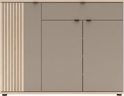 Modernes Sideboard in Holzoptik mit grauen Fronten, links vertikale Lamellenstruktur, mehrere Türen und Klappen mit schwarzen Griffen, Frontansicht
