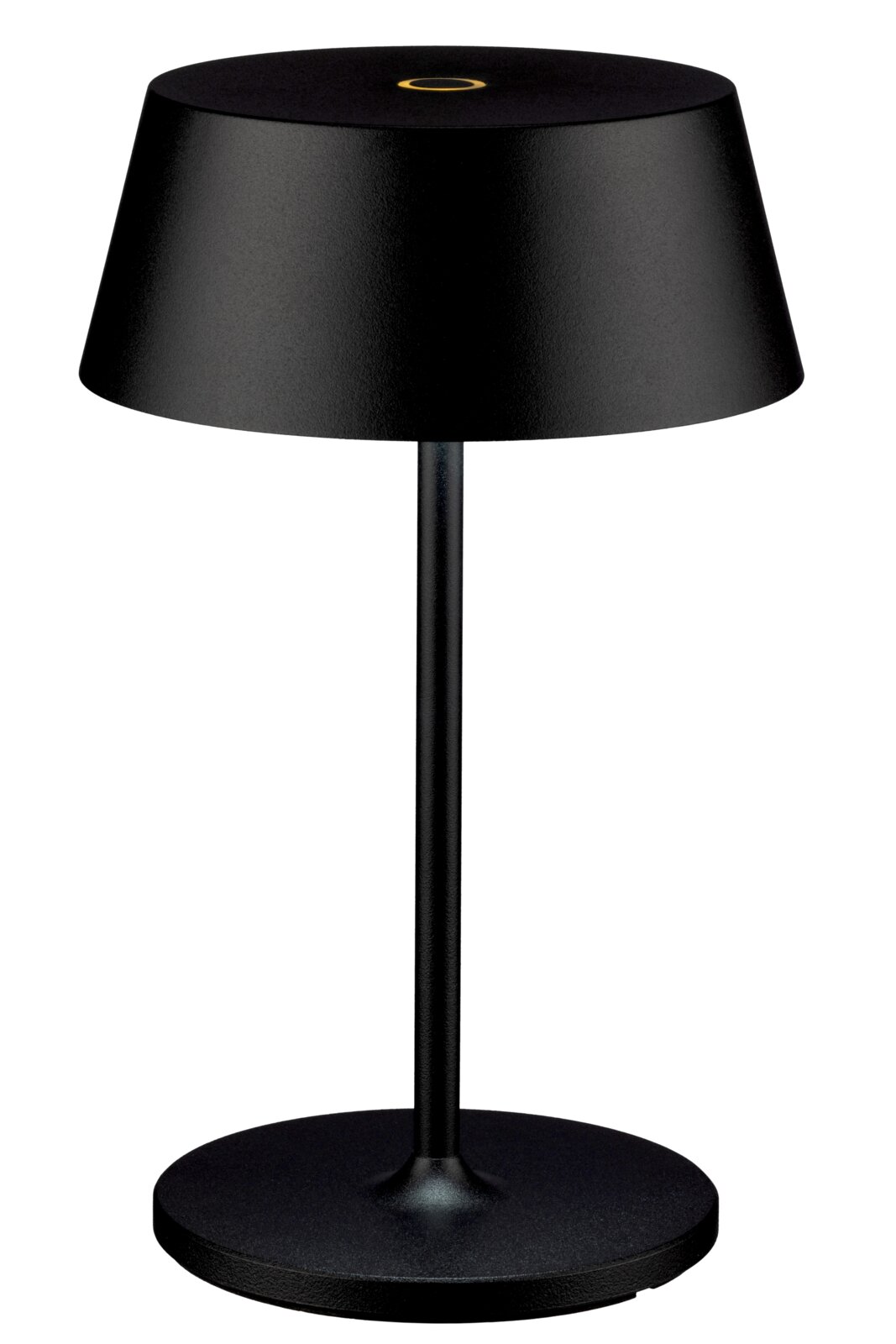Schwarze Akku-Tischleuchte mit modernem Design, seitliche Perspektive