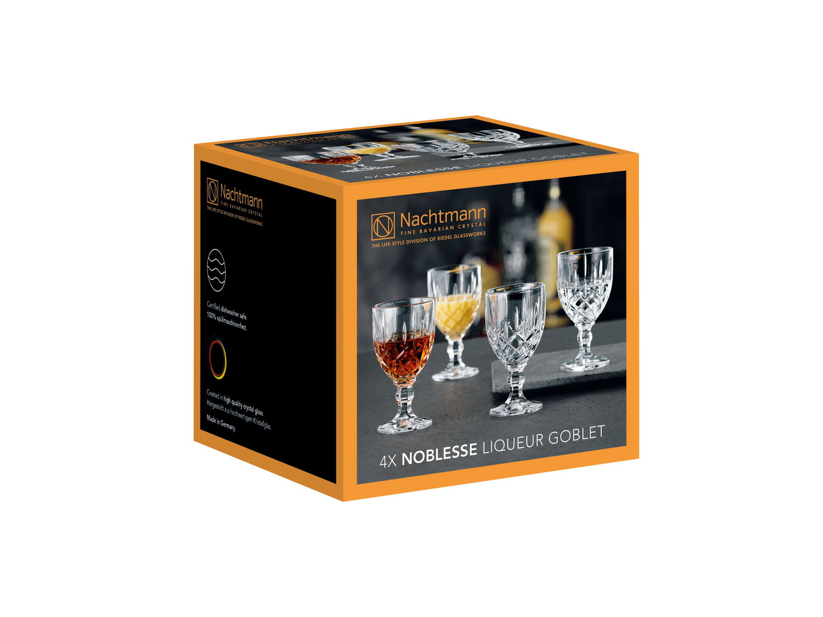 Verpackung des Likörkelch Noblesse 4er-Sets von Nachtmann, mit vier kristallklaren Gläsern in diagonaler Perspektive.