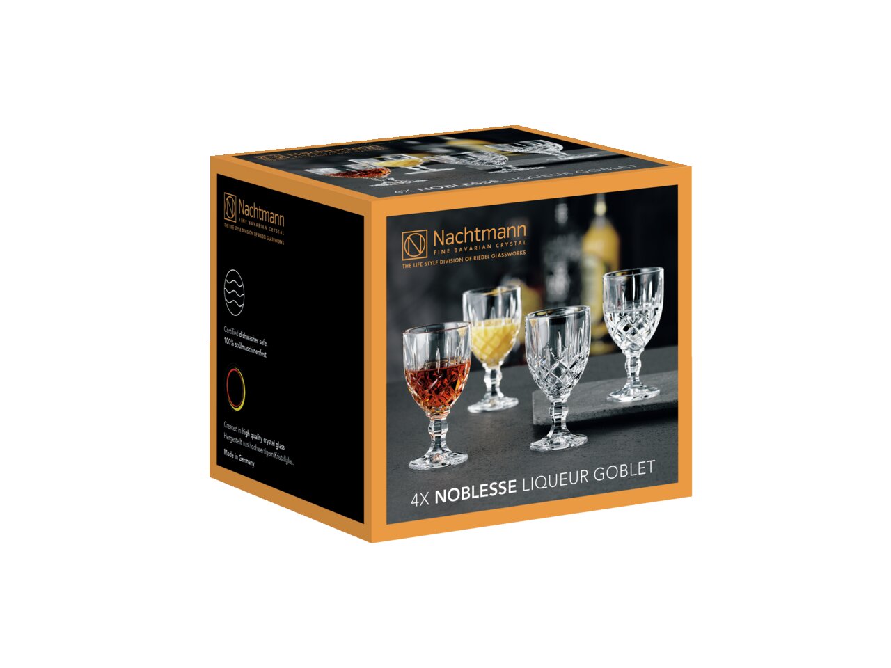 Verpackung des Likörkelch Noblesse 4er-Sets von Nachtmann, mit vier kristallklaren Gläsern in diagonaler Perspektive.