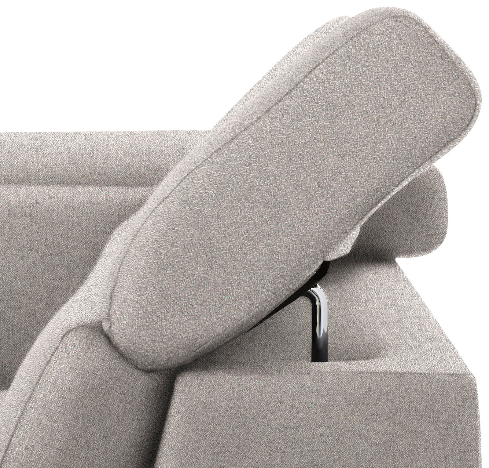 Nahaufnahme einer grauen Rundecke mit verstellbarer Kopfstütze, seitliche Perspektive
