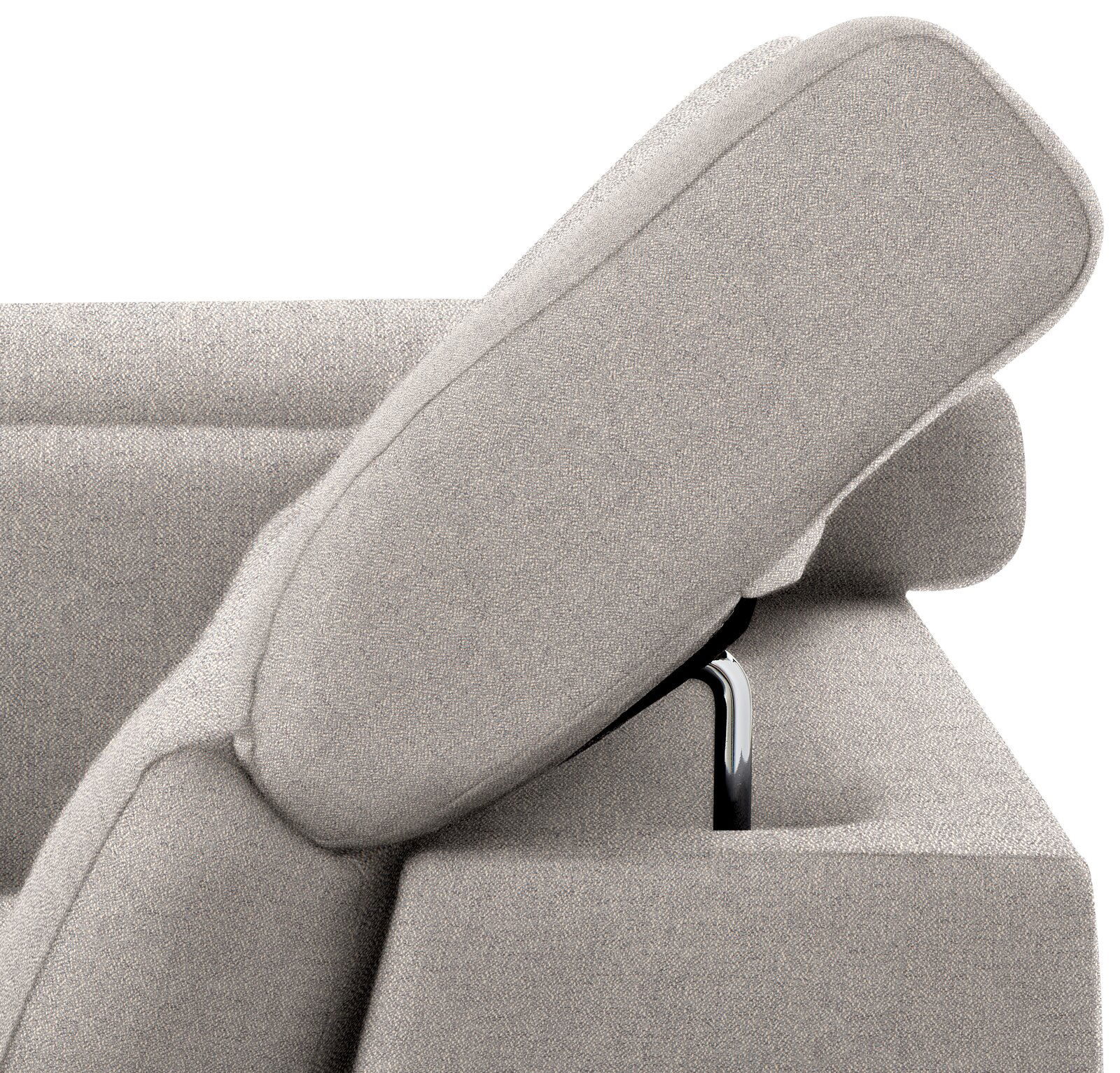 Nahaufnahme einer grauen Rundecke mit verstellbarer Kopfstütze, seitliche Perspektive