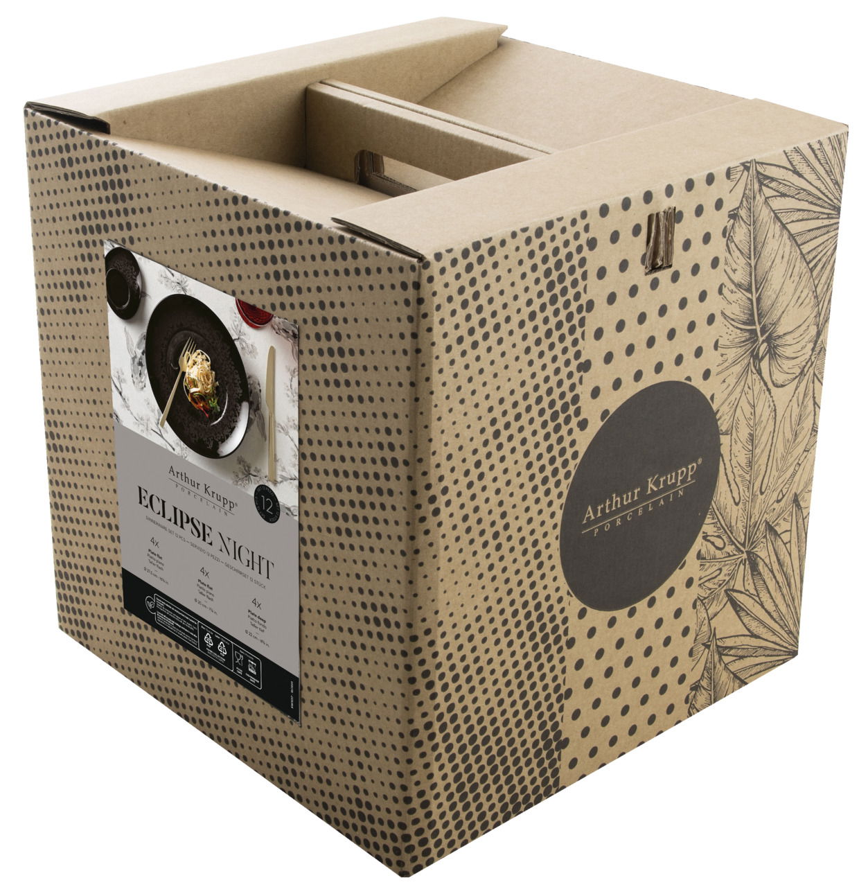 Verpackung des Tellersets Eclipse Night 12-tlg von Arthur Krupp, schräg von vorne fotografiert.