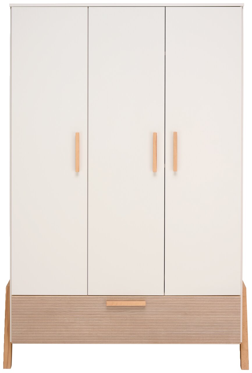Moderner dreitüriger Kleiderschrank in Weiß mit Holzgriffen, Frontalansicht