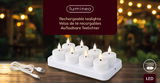 Aufladbare LED-Teelichter auf einer Ladestation mit USB-Kabel, Vorderansicht
