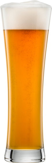 Weizenbierglas mit goldenem Bier und Schaumkrone, frontale Ansicht