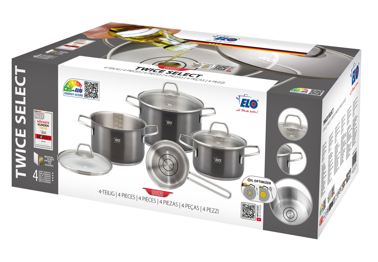 ELO Twice Select Set, 4-teilig, aus Edelstahl, mit Töpfen und Pfanne, in einer Verpackung, perspektivisch von vorne rechts.