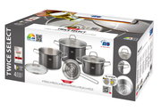 ELO Twice Select Set, 4-teilig, aus Edelstahl, mit Töpfen und Pfanne, in einer Verpackung, perspektivisch von vorne rechts.