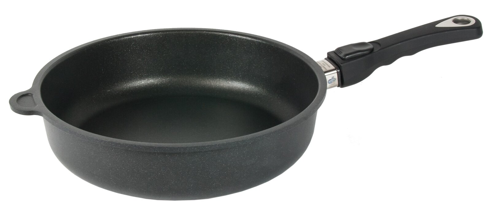 Schwarze Schmorpfanne mit abnehmbarem Griff, seitliche Perspektive