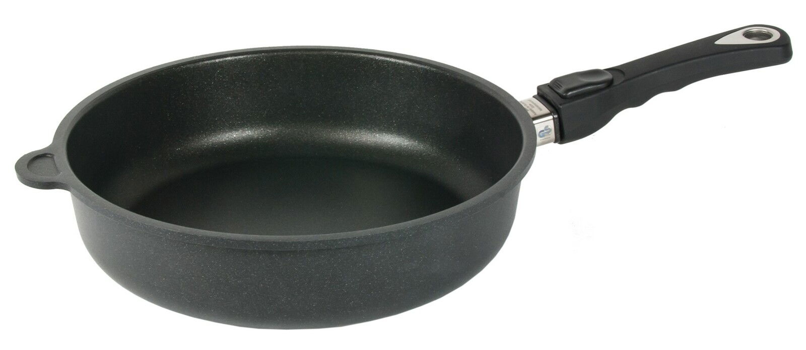 Schwarze Schmorpfanne mit abnehmbarem Griff, seitliche Perspektive