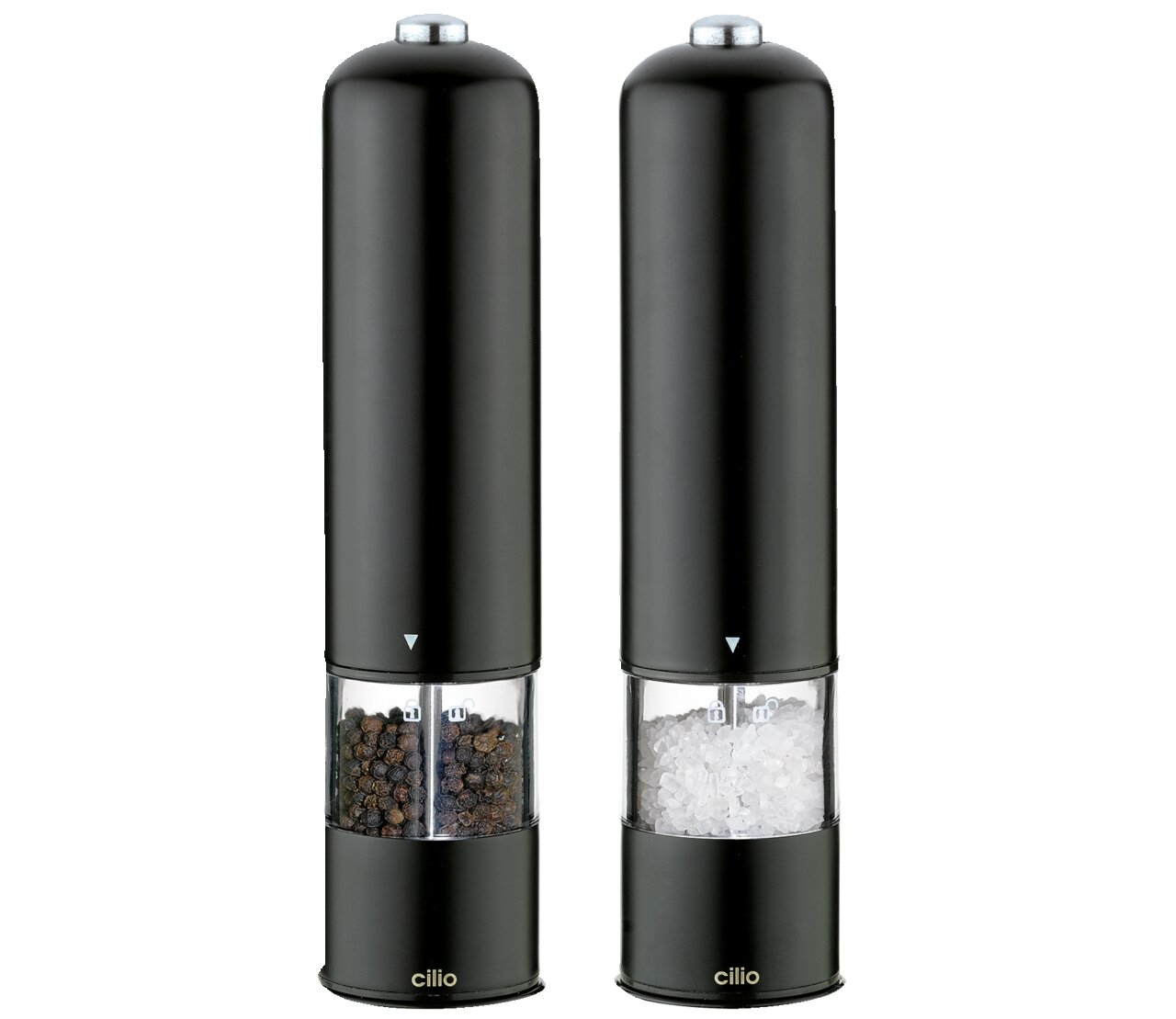 Cilio Pfeffer-/Salzmühle elektr. BERGAMO Zwei elektrische Pfeffer- und Salzmühlen in schwarzer Farbe, frontal abgebildet. Links gefüllt mit Pfefferkörnern, rechts mit grobem Salz.