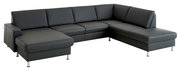 Ecksofa in dunklem Leder mit modernem Design, Ansicht von schräg vorne.