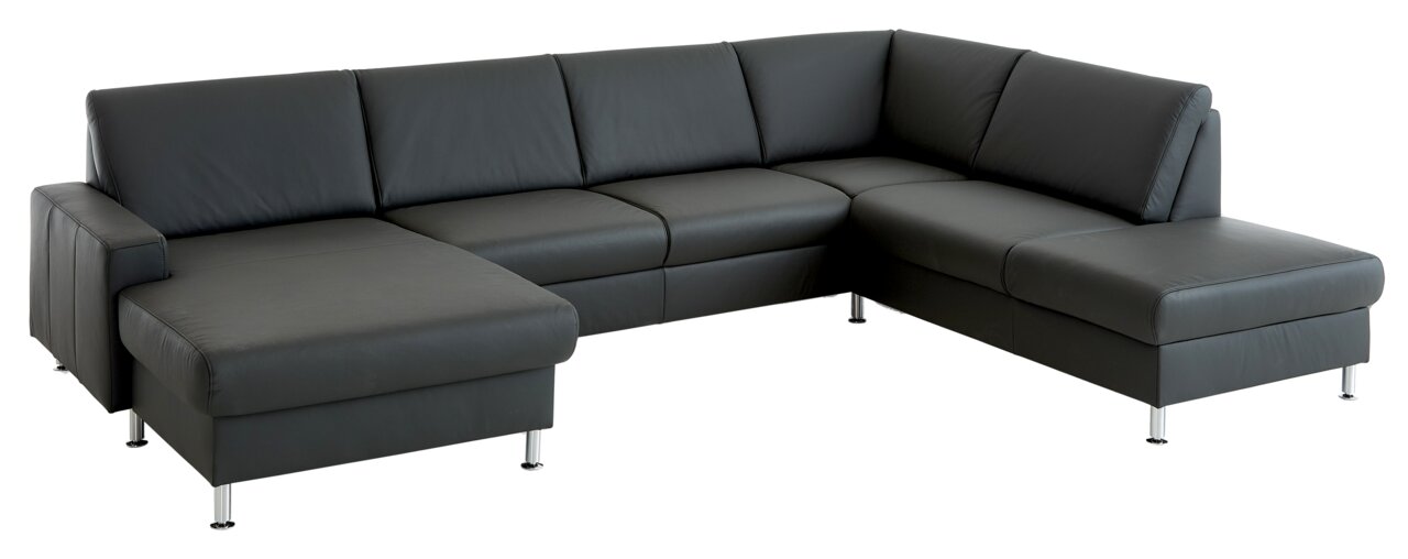 Ecksofa in dunklem Leder mit modernem Design, Ansicht von schräg vorne.