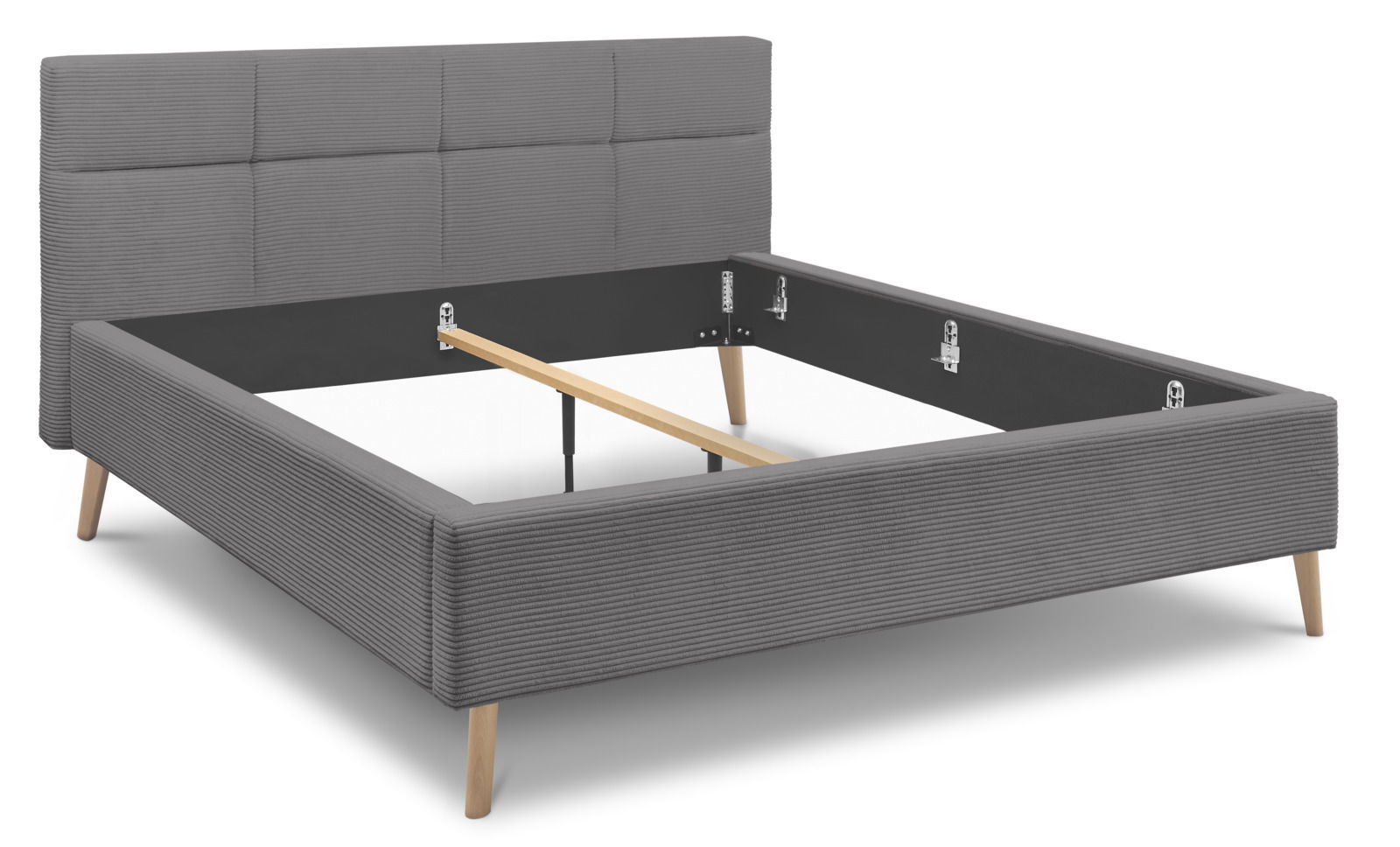 Graues Polsterbett mit Holzfüßen, seitliche Perspektive
