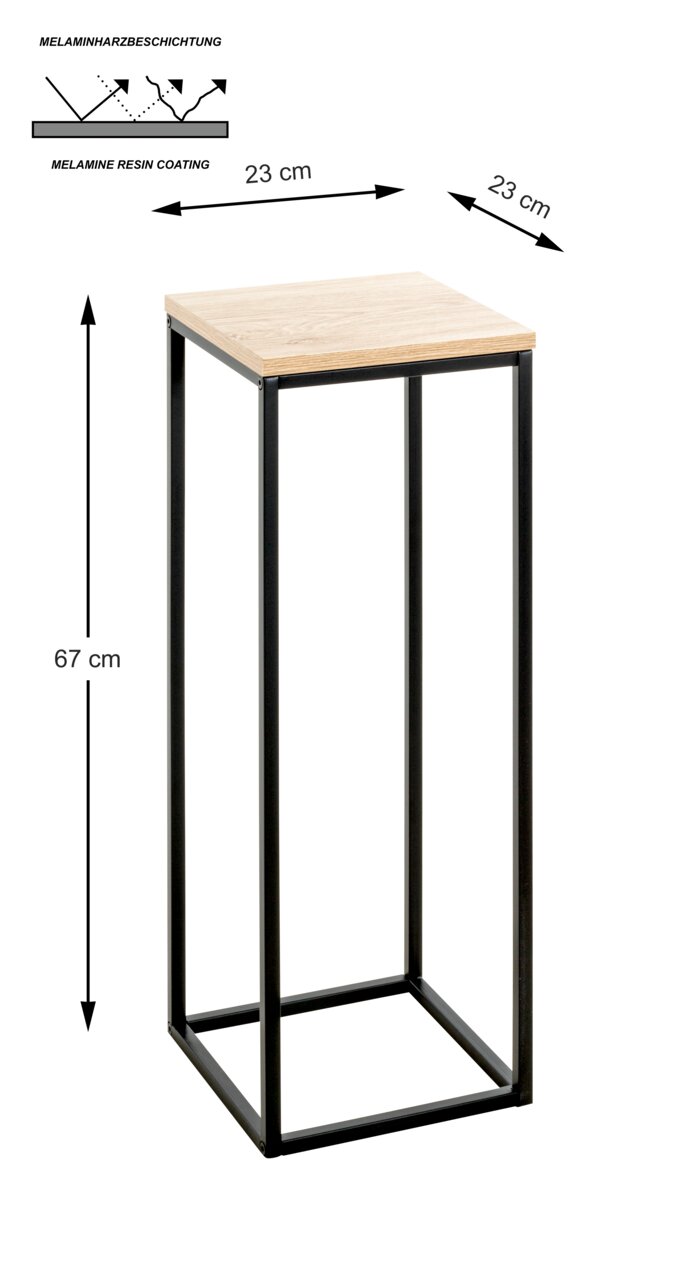 Moderner Beistelltisch mit quadratischer Holzplatte und schwarzem Metallgestell, seitliche Perspektive.