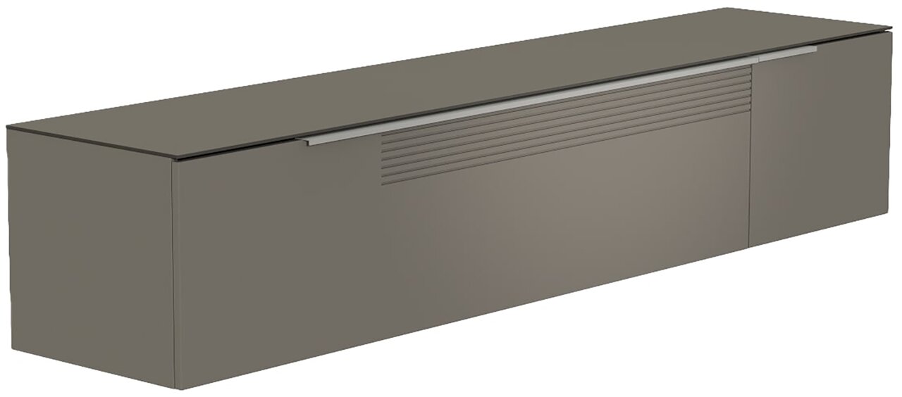 Perspektivische Ansicht eines modernen, grauen XL Hänge-Lowboards mit glatter Oberfläche und horizontalen Linien auf der Front.