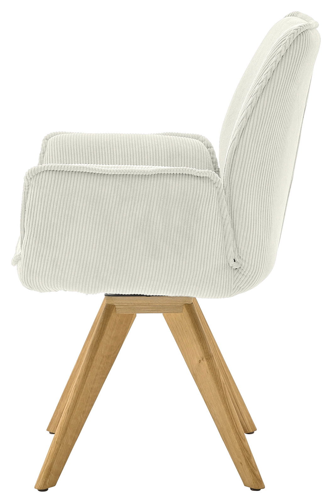 Seitenansicht eines Armlehnstuhls mit hellem Stoffbezug und Holzbeinen