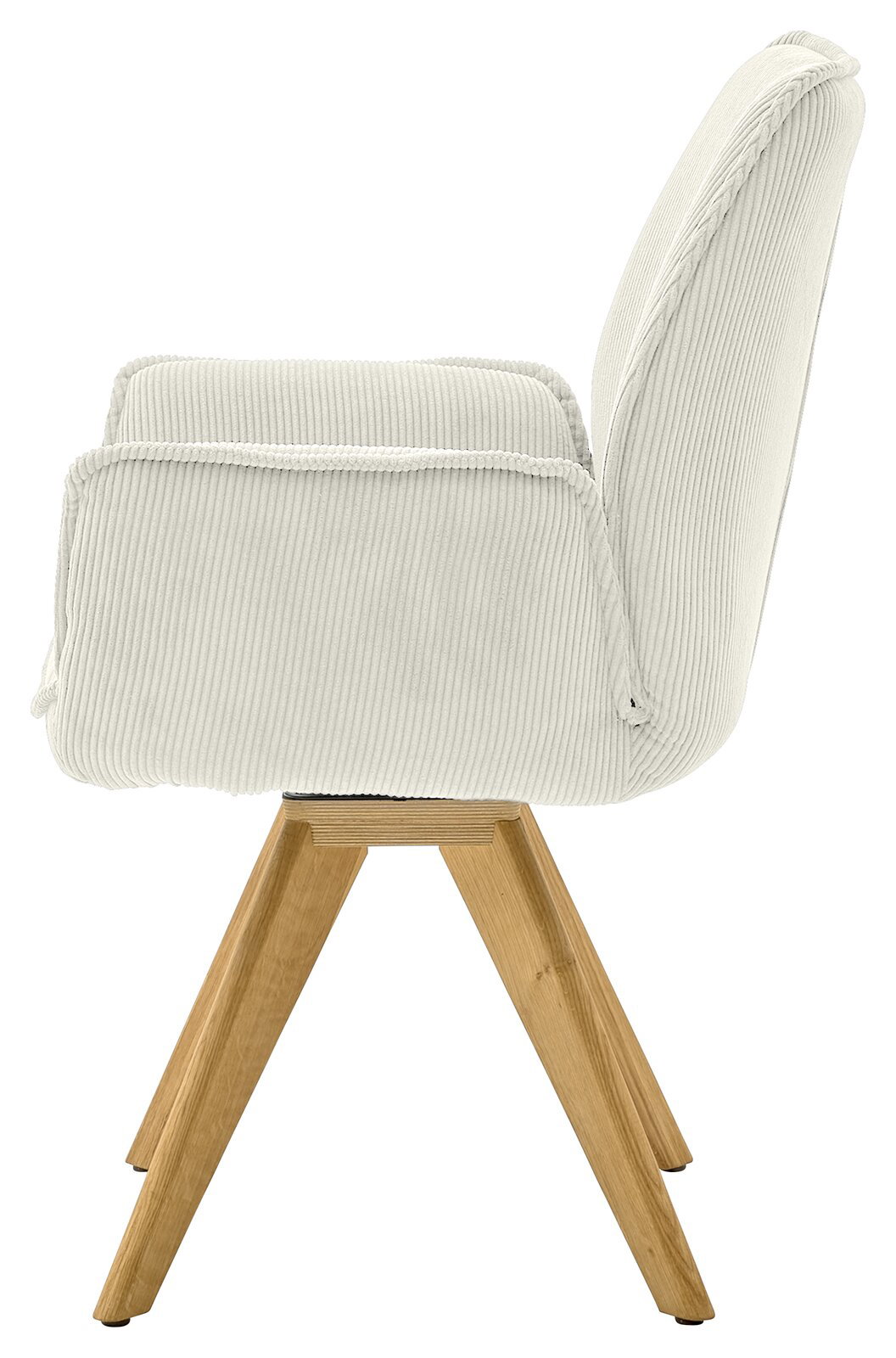 Seitenansicht eines Armlehnstuhls mit hellem Stoffbezug und Holzbeinen