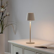 Elegante Akku-Tischleuchte BOTERIA auf einem Tisch, seitliche Perspektive, mit sanftem Lichtschein und dekorativen Pflanzen im Hintergrund.