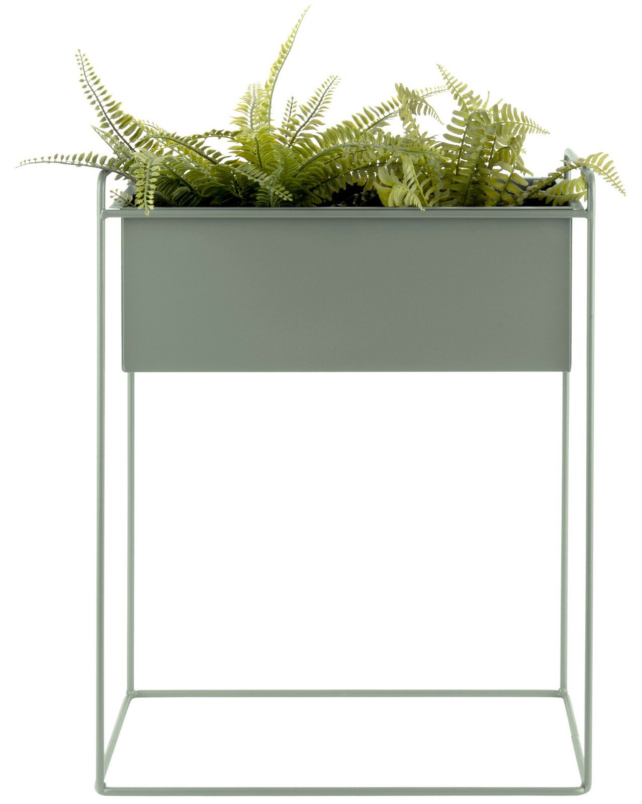Modernes Pflanzgefäß in rechteckiger Form mit Metallgestell, gefüllt mit grünen Farnen, frontal betrachtet.