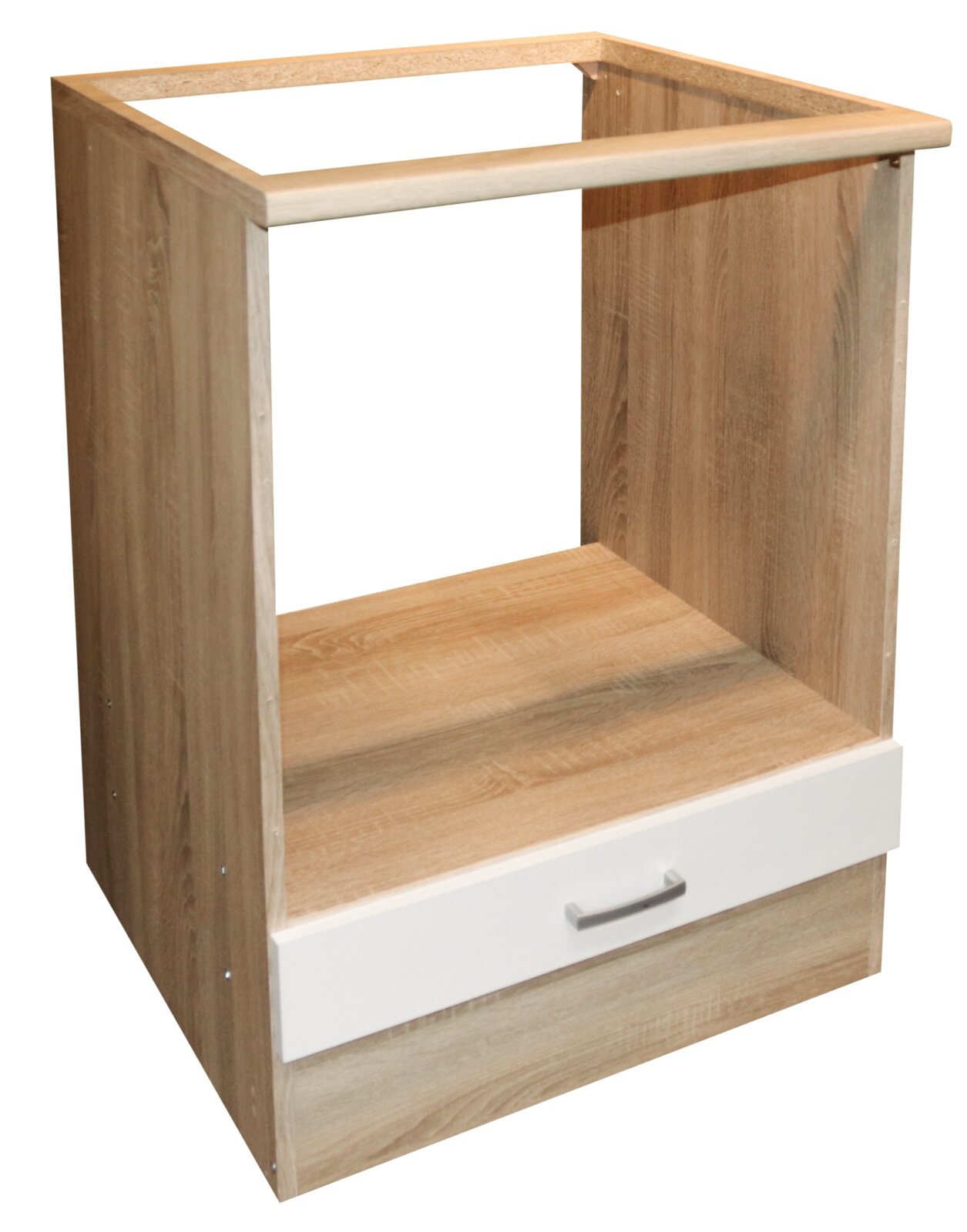 Houten keukenkast met één lade, vooraanzicht links