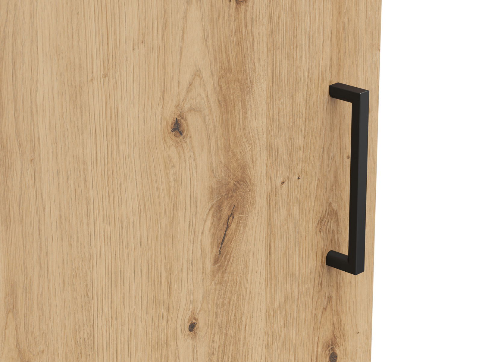 Nahaufnahme einer Holzoberfläche mit natürlicher Maserung und einem schwarzen, modernen Griff an der rechten Seite.