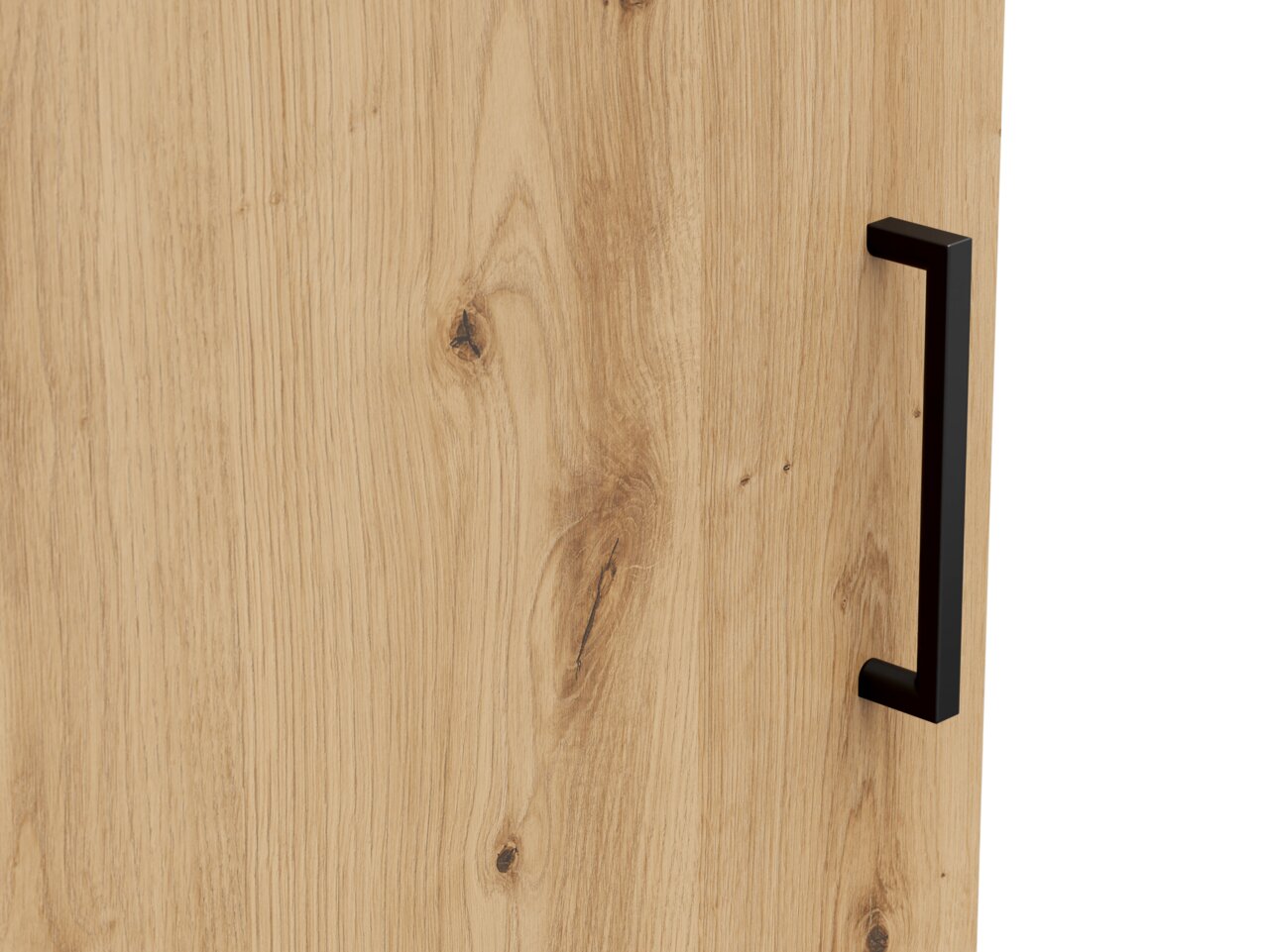 Nahaufnahme einer Holzoberfläche mit natürlicher Maserung und einem schwarzen, modernen Griff an der rechten Seite.