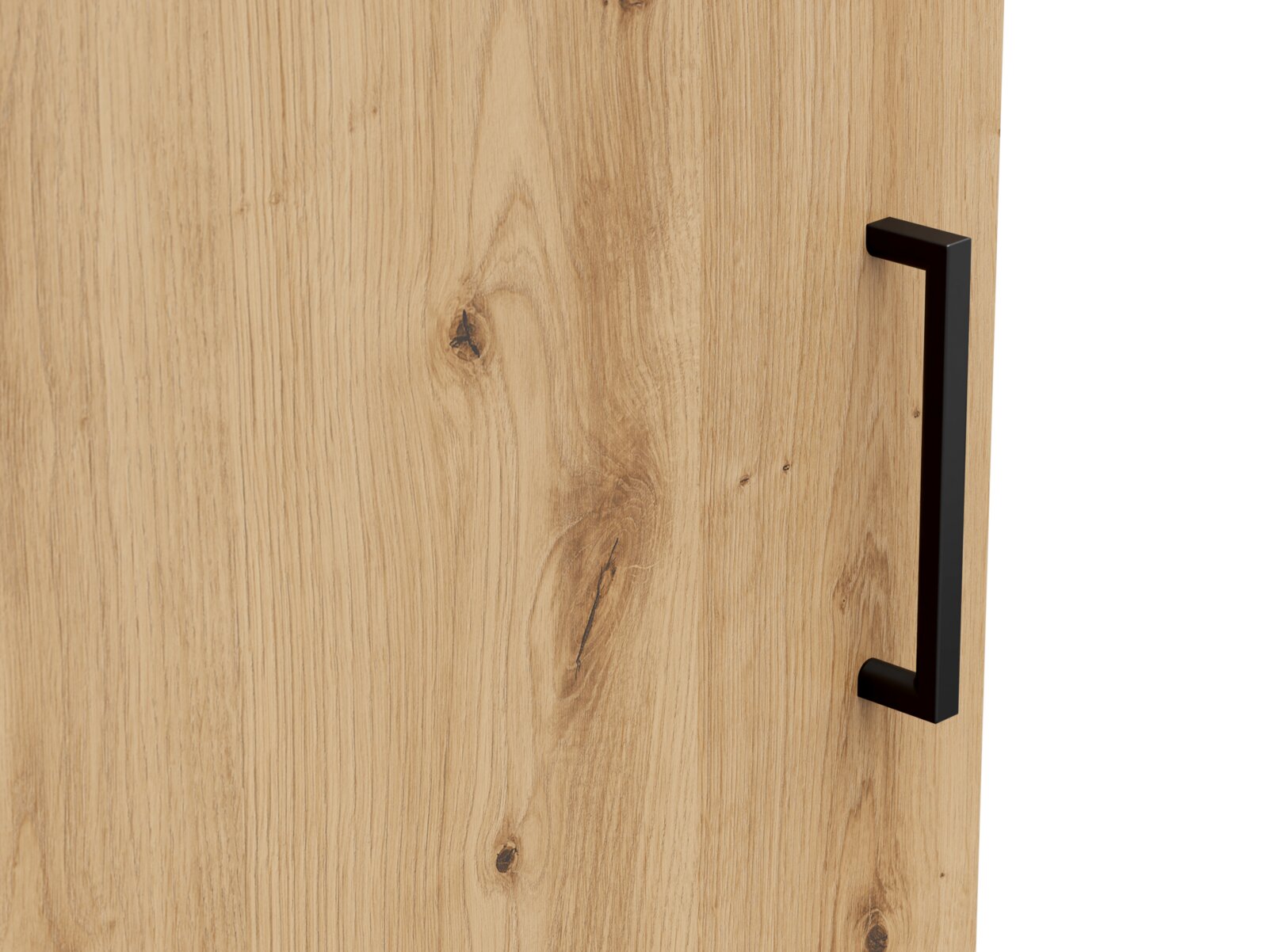 Close-up van een houten oppervlak met een natuurlijke nerf en een zwarte, moderne handgreep aan de rechterkant.