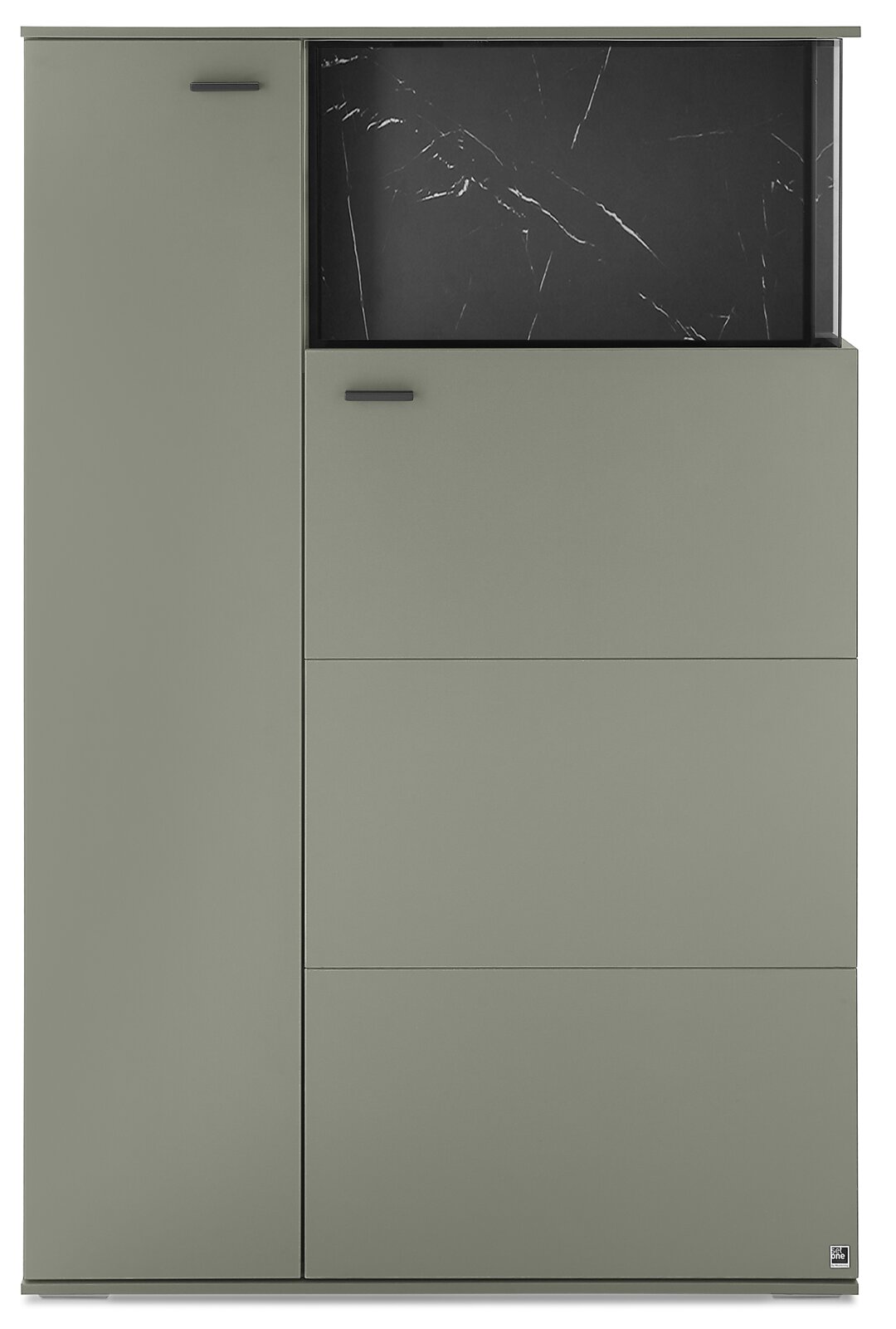 Modernes, olivgrünes Sideboard/Schrankmöbel mit einer hohen Tür links, drei Frontklappen rechts und offenem Fach mit schwarzer Marmoroptik oben, Frontansicht.