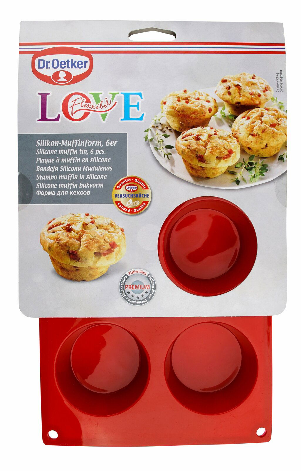 Rote Silikon-Muffinform von Dr. Oetker, 6er Set, aus der Vogelperspektive fotografiert.
