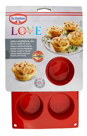 Rote Silikon-Muffinform von Dr. Oetker, 6er Set, aus der Vogelperspektive fotografiert.