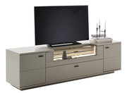 TV-Element in moderner, minimalistischer Optik mit Stauraum und Dekoration, seitliche Perspektive